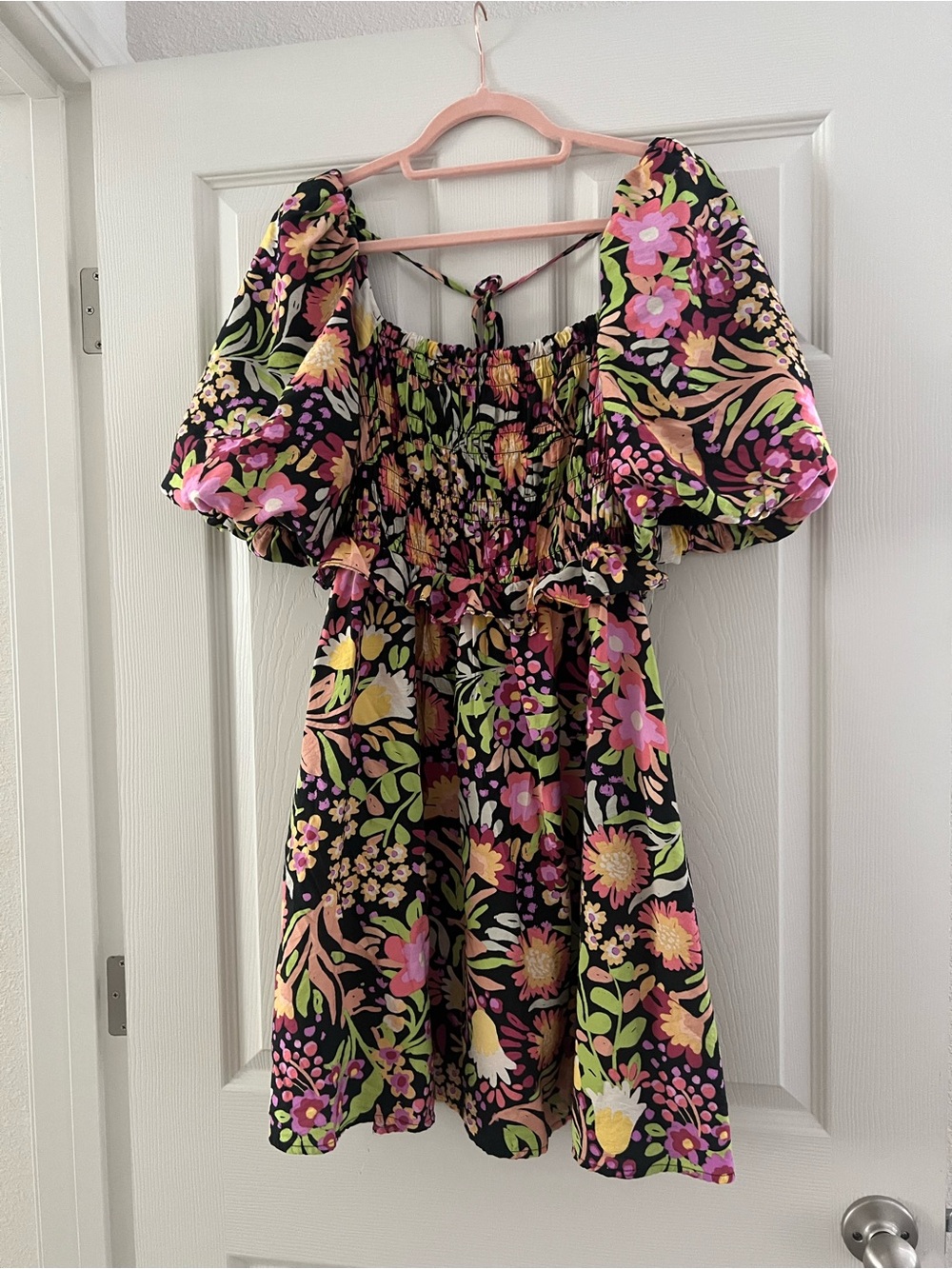 Floral Puff-Sleeve Dress - Black with Pink & Green